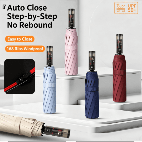 10‑Rib Fully Automatic Anti‑Rebound Folding Umbrella, Black Coated UV‑Protection Windproof Sun & Rain Umbrella with Step‑by‑Step Retraction