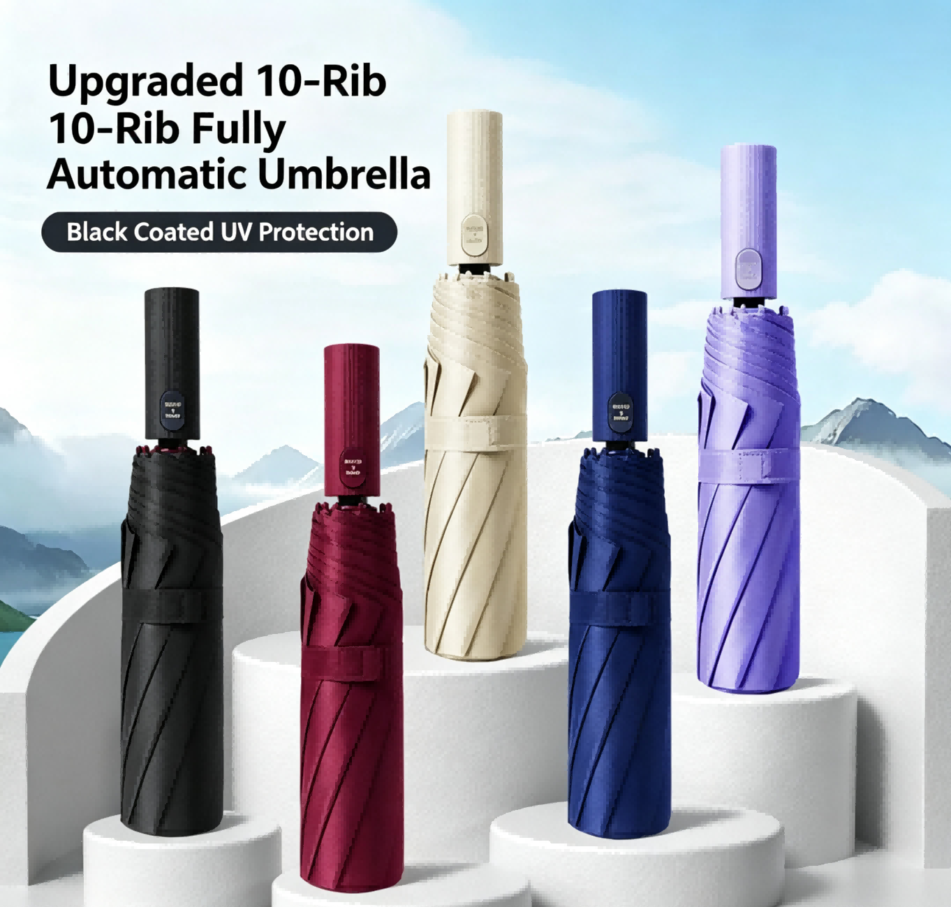 Upgraded 10-Rib Fully Automatic UV Protection Windproof Folding Umbrella With Roman Handle