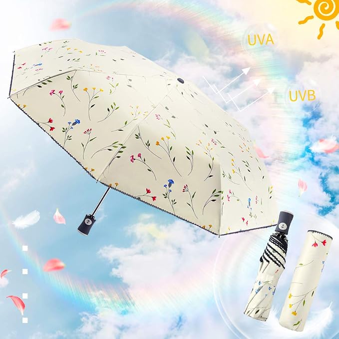 Elegant Floral Lace 8-Rib Fully Automatic Compact Folding UV Protection Travel Umbrella