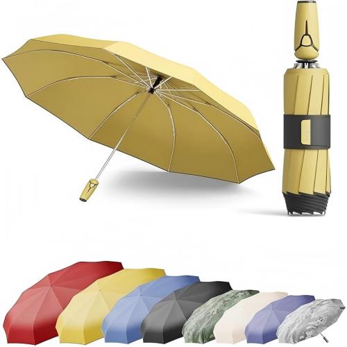 52 Inch Fully‑Automatic Reverse Folding Umbrella, 10 Ribs Silver Coated UV Protection Windproof Travel Umbrella