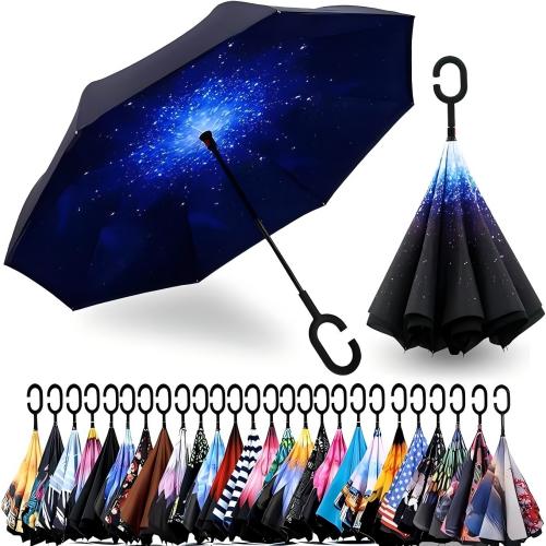 49/56 Inch Inverted Reverse Umbrella, Double Canopy Vented Windproof Waterproof C‑Shaped Handle Stick Umbrella, Anti‑UV Rain Car Umbrella