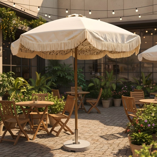 Tassel Patio Umbrella with Scalloped Edge – European Style Aluminum Garden Parasol