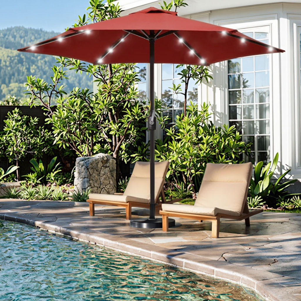 Center Pole Patio Umbrella with Auto Tilt & Solar Lights – 2.7m/3m Outdoor Parasol