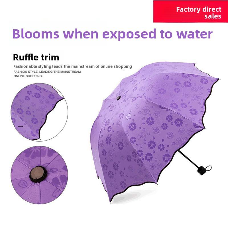 55cm 8‑Rib 3‑Fold Magic Flower Umbrella, Water‑Activated Floral Print, Black Coated Fabric, Lotus Edge, Wholesale & Custom Logo Available