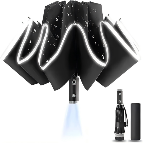 Auto Reverse Folding Umbrella with LED Flashlight, 10 Ribs Reflective Safety Strip Night Light Inverted Travel Umbrella