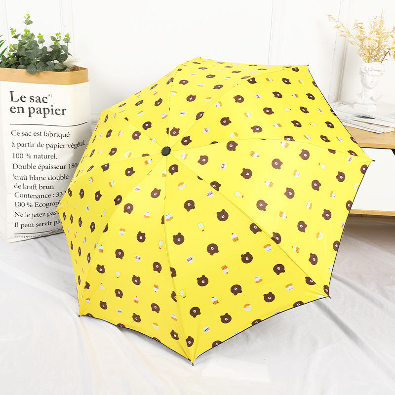 55cm 8‑Rib Cute Bear Print Black Coated Folding Umbrella, 95cm Canopy Mini Compact Sun Rain Umbrella