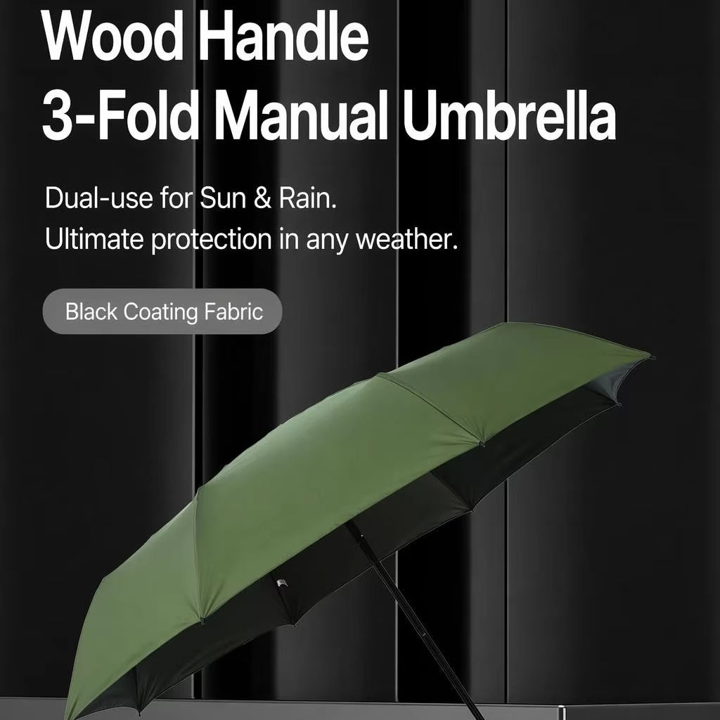 55cm 8‑Rib Solid Color Wooden Handle Folding Umbrella, 95cm Black Coated Sun Rain Manual Compact Umbrella
