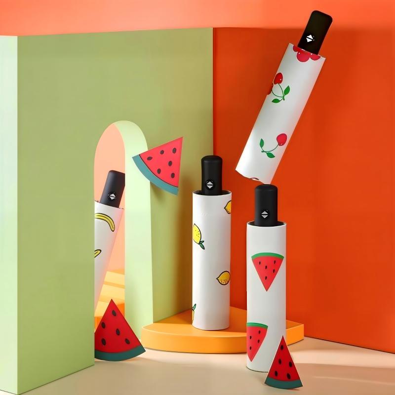 55cm 8‑Rib Automatic Fruit Print Black Coated Folding Umbrella, 95cm Cute Watermelon Cherry Lemon Banana Compact Auto Open Close Umbrella