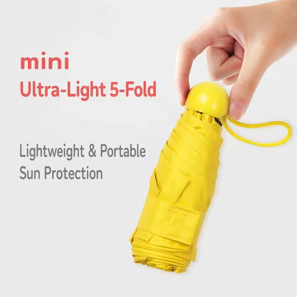 50cm 6-Rib 5 Fold Mini Manual Umbrella, Semi Black Coating Canopy, Steel Frame, Color-Matched Round Plastic Handle, Ultra-Light Sun Parasol Wholesale Custom Logo