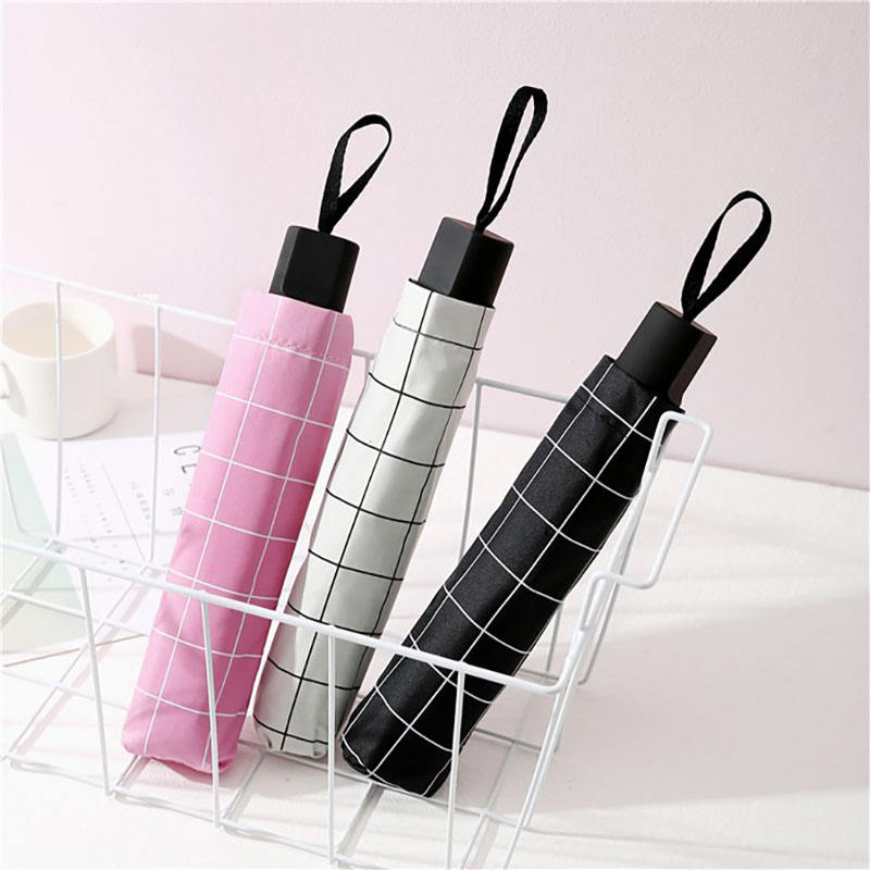 55cm 8‑Rib 3 Fold Manual Plaid Umbrella, Black Coating Canopy, Paradise Style Steel Rib Frame, Rubber Coated Handle, UV Sun Protection Parasol Wholesale Custom Logo